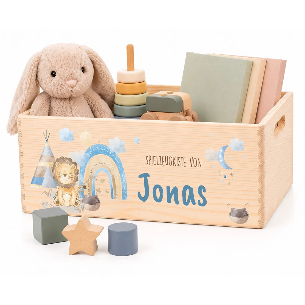 Spielzeugkiste personalisiert mit Namen - Löwe mit Regenbogen