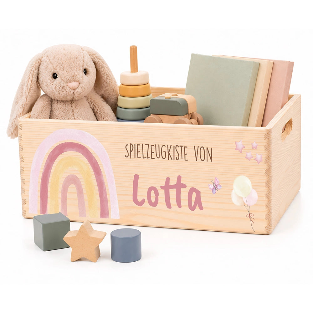 Spielzeugkiste personalisiert mit Namen - Regenbogen