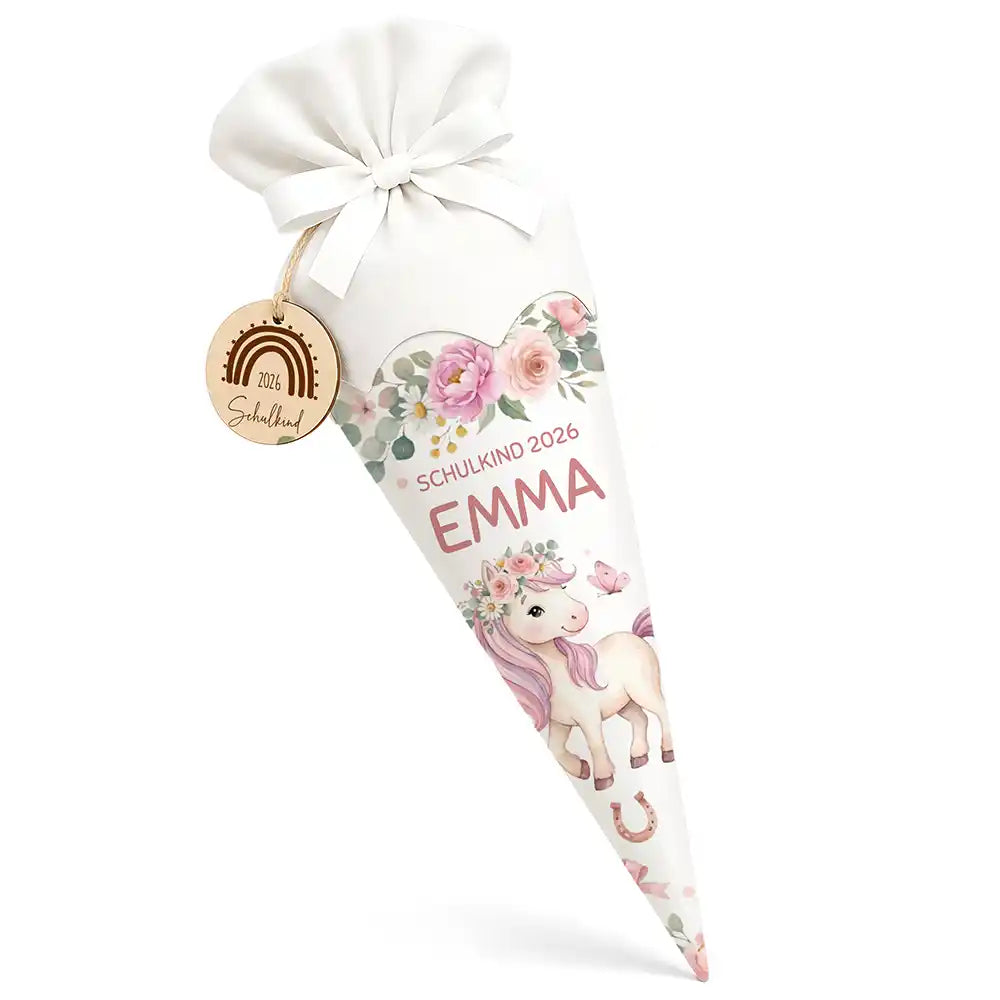 Schultüte personalisiert mit Name Pony mit Blumen – Hauptbild mit Holzanhänger und weißem Filzverschluss