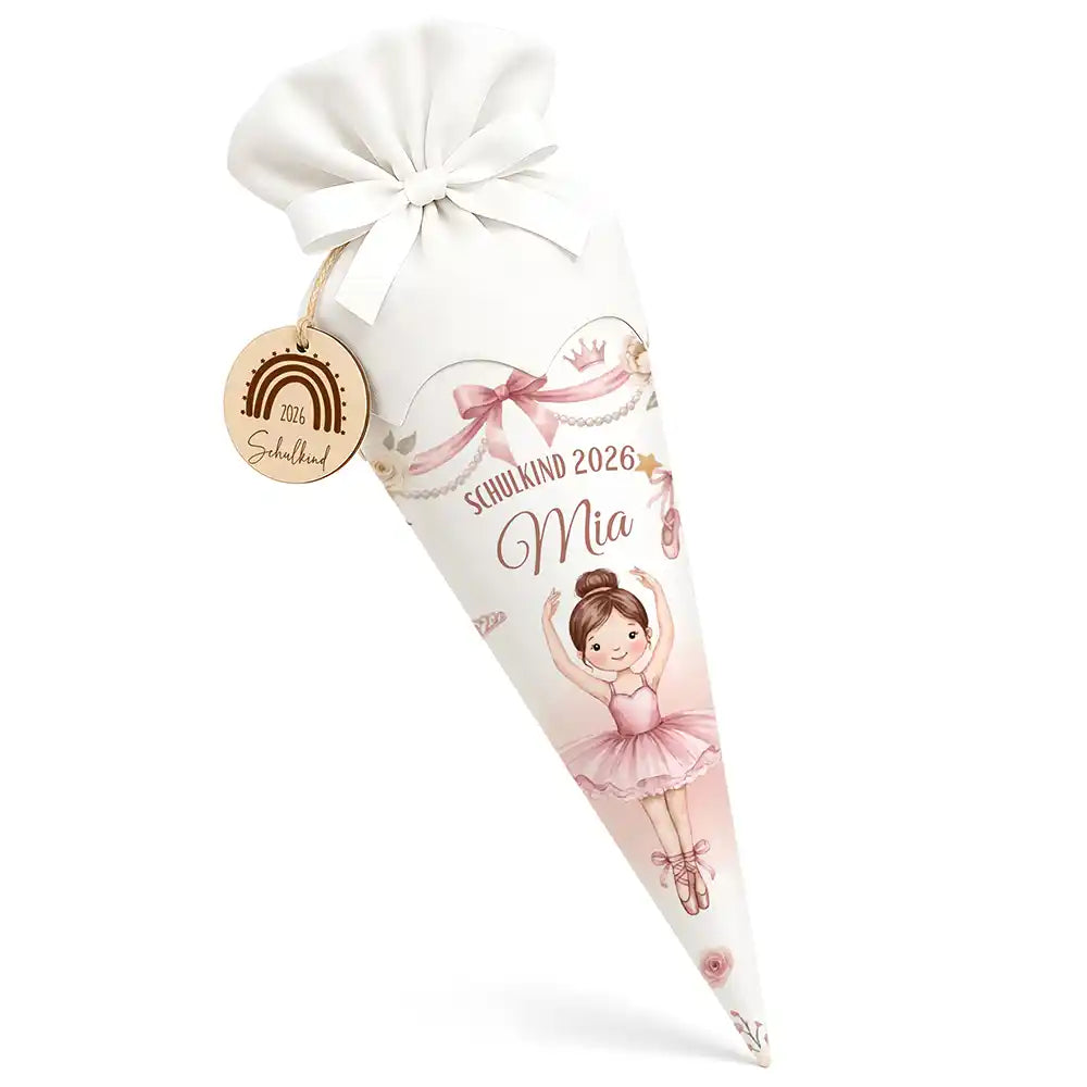 Schultüte personalisiert mit Name Ballerina mit Krone – Hauptbild mit Holzanhänger und weißem Filzverschluss