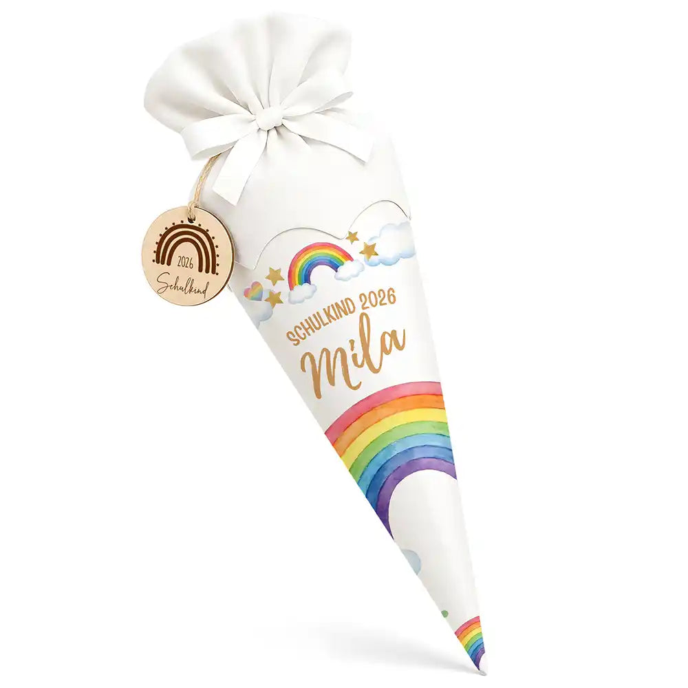Schultüte personalisiert mit Name Regenbogen Pastell – Hauptbild mit Holzanhänger und weißem Filzverschluss
