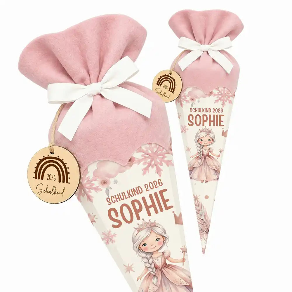 Schultüte personalisiert mit Name Prinzessin Eiswald – Seitenansicht mit Lasergravur-Detail
