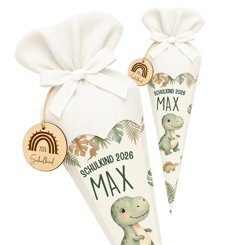 Schultüte personalisiert mit Name T-Rex Dinosaurier – Seitenansicht mit Lasergravur-Detail