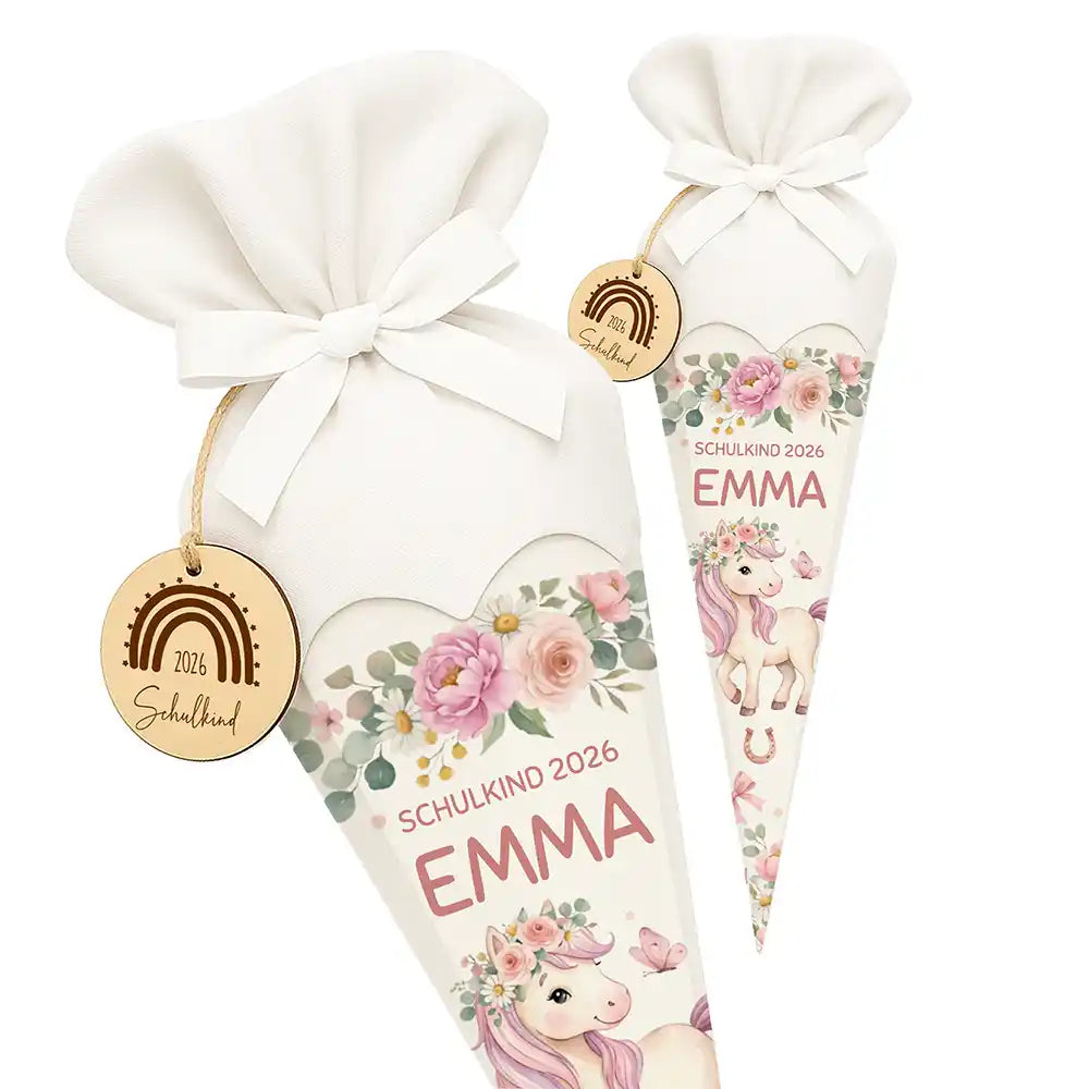 Schultüte personalisiert mit Name Pony mit Blumen – Seitenansicht mit Lasergravur-Detail