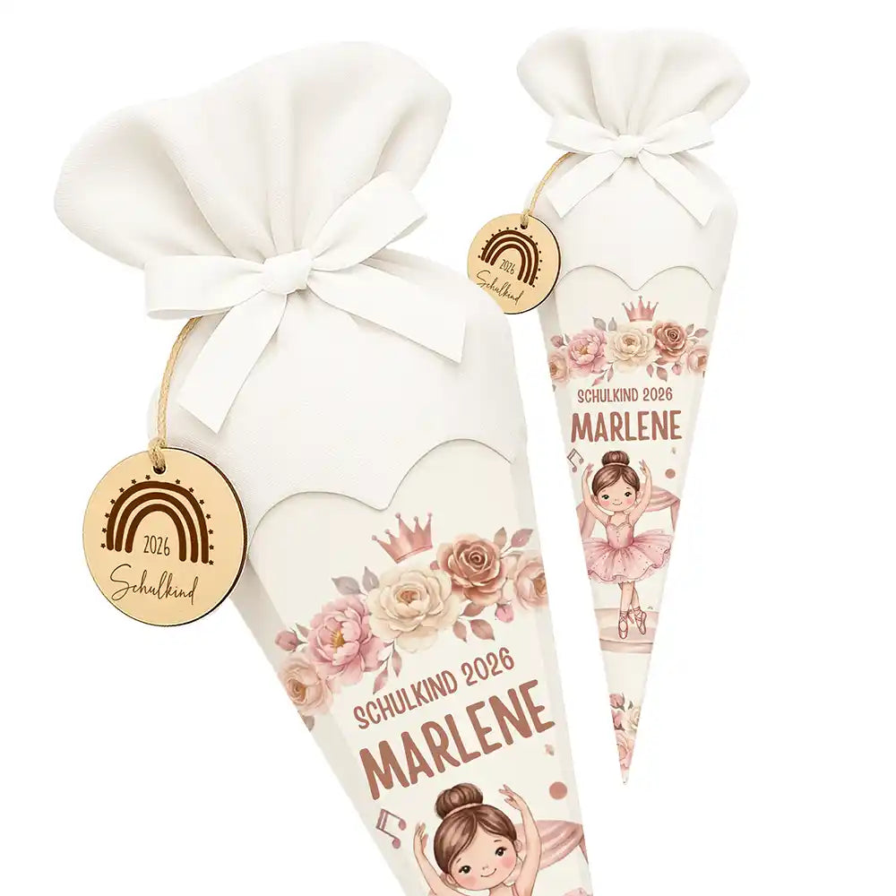 Schultüte personalisiert mit Name Ballerina mit Rosen – Seitenansicht mit Lasergravur-Detail