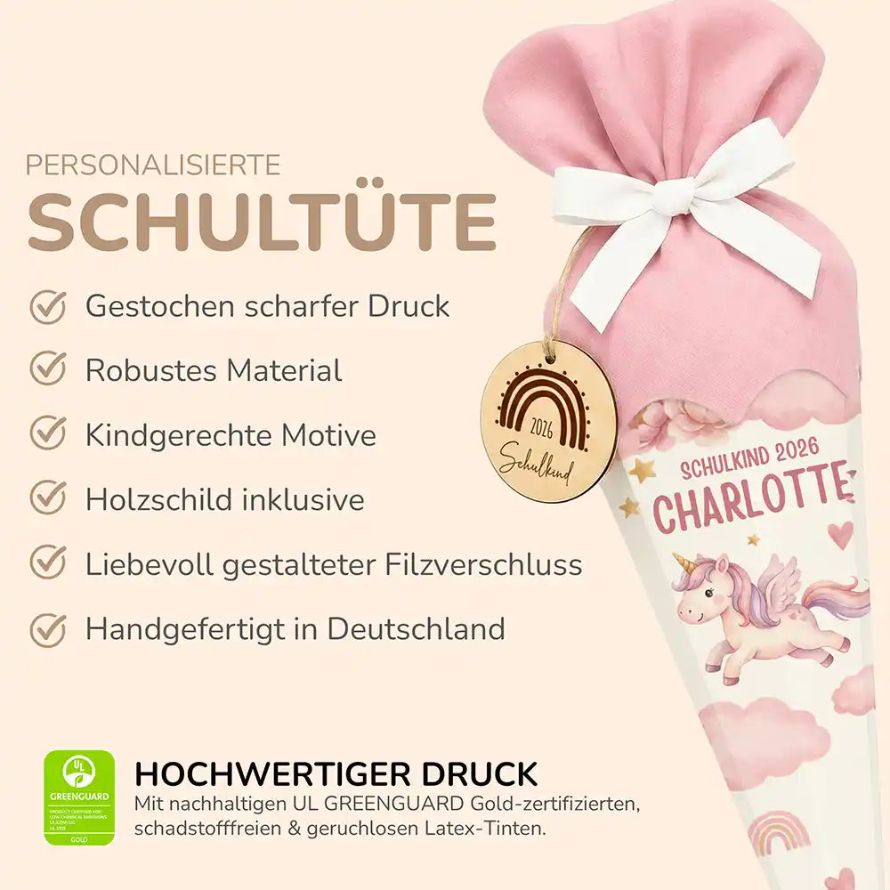 Schultüte personalisiert mit Name Pegasus Einhorn – Produkt-Detail Maße 84×25×25 cm