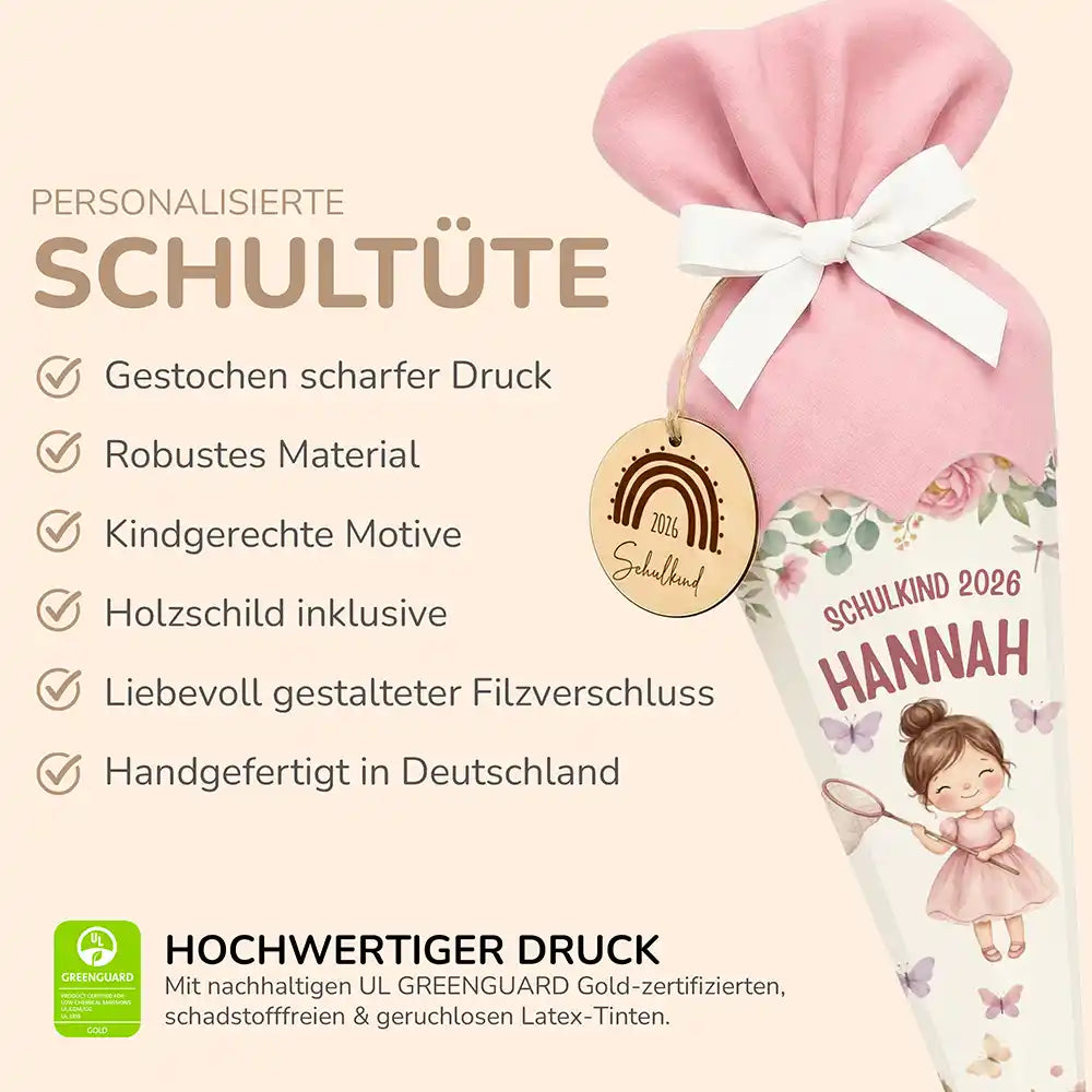 Schultüte personalisiert mit Name Mädchen Schmetterlinge – Produkt-Detail Maße 84×25×25 cm