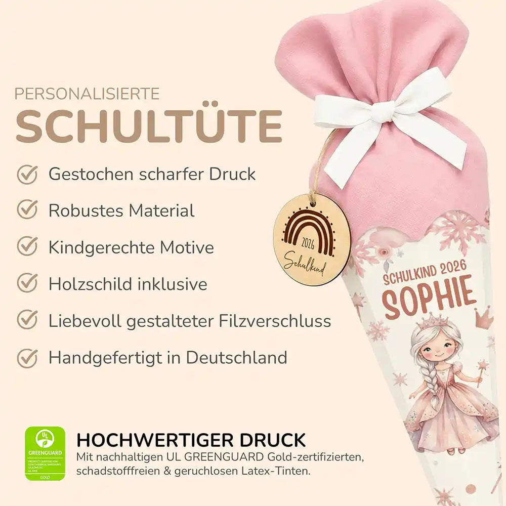 Schultüte personalisiert mit Name Prinzessin Eiswald – Produkt-Detail Maße 84×25×25 cm