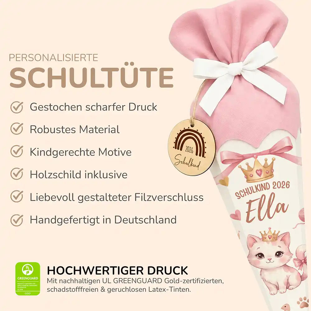 Schultüte personalisiert mit Name Katze mit Krone – Produkt-Detail Maße 84×25×25 cm
