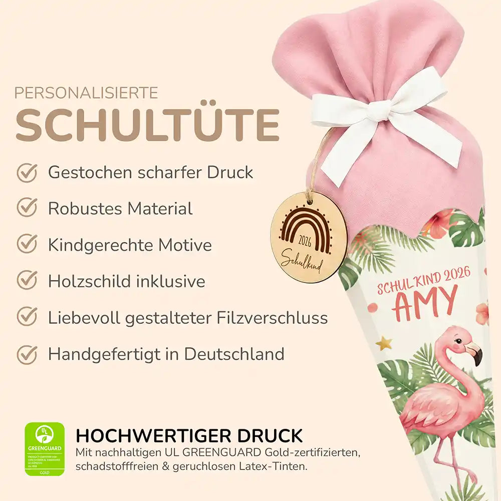 Schultüte personalisiert mit Name Flamingo Tropical – Produkt-Detail Maße 84×25×25 cm