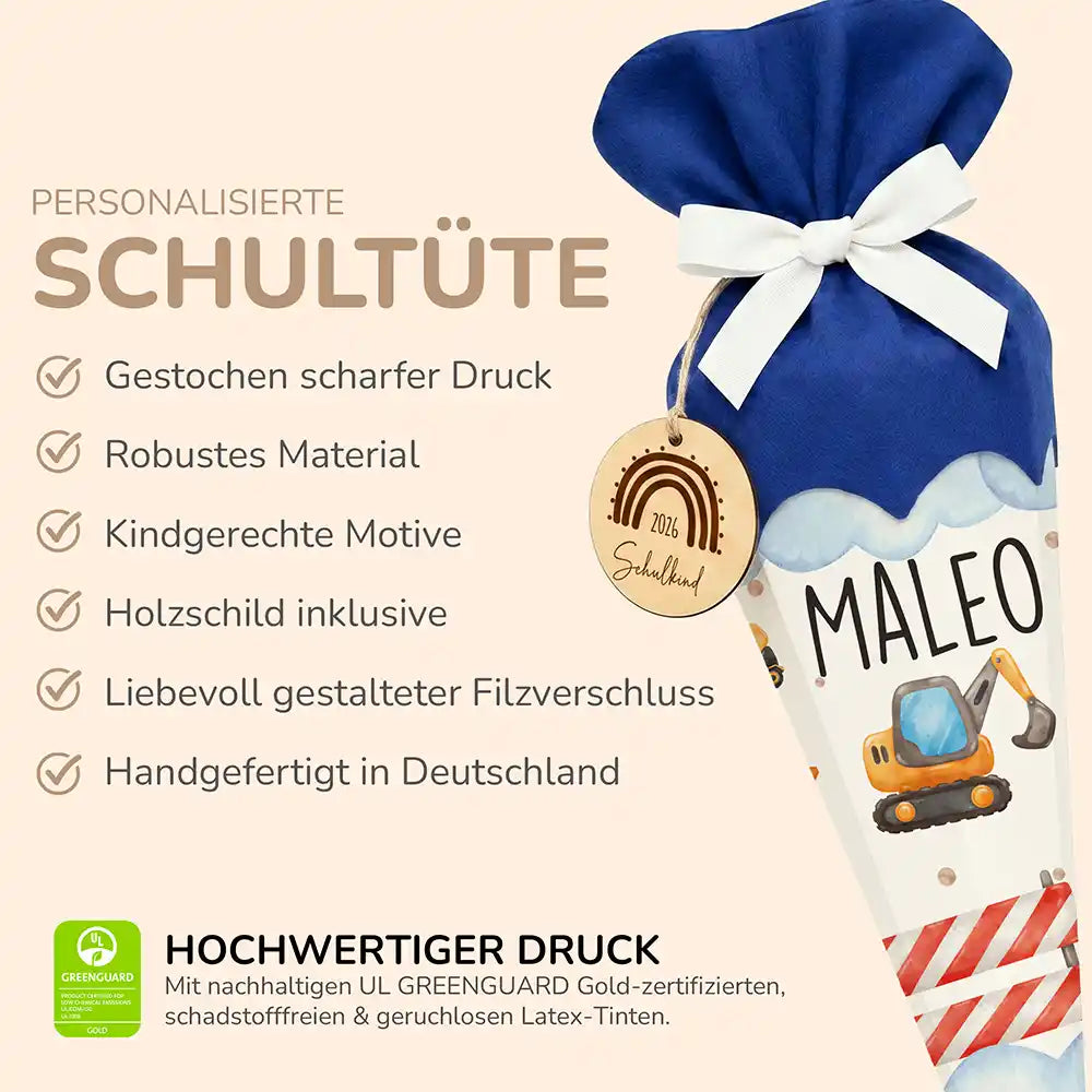Schultüte personalisiert mit Name Bagger Baustelle – Produkt-Detail Maße 84×25×25 cm