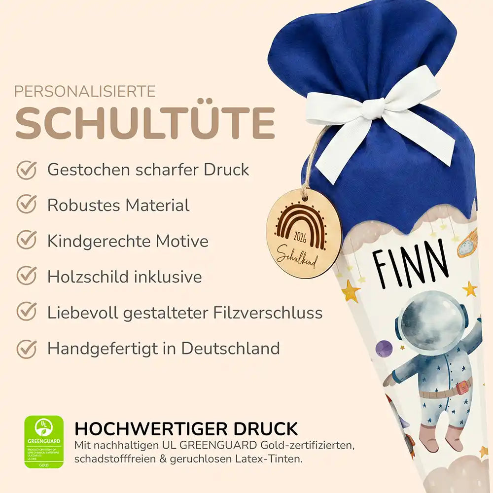 Schultüte personalisiert mit Name Astronaut – Produkt-Detail Maße 84×25×25 cm
