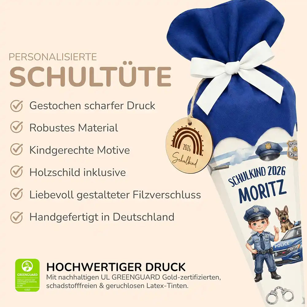 Schultüte personalisiert mit Name Polizist mit Hund – Produkt-Detail Maße 84×25×25 cm