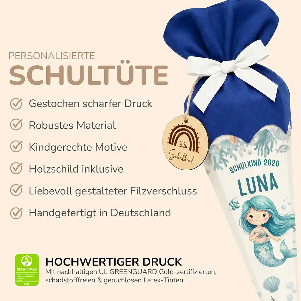 Schultüte personalisiert mit Name Meerjungfrau – Produkt-Detail Maße 84×25×25 cm