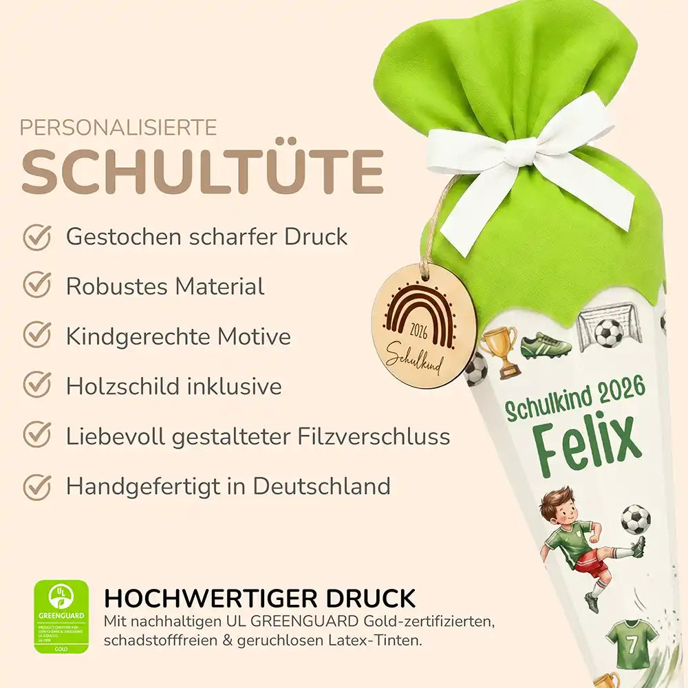 Schultüte personalisiert mit Name Fußballer Aktion – Produkt-Detail Maße 84×25×25 cm