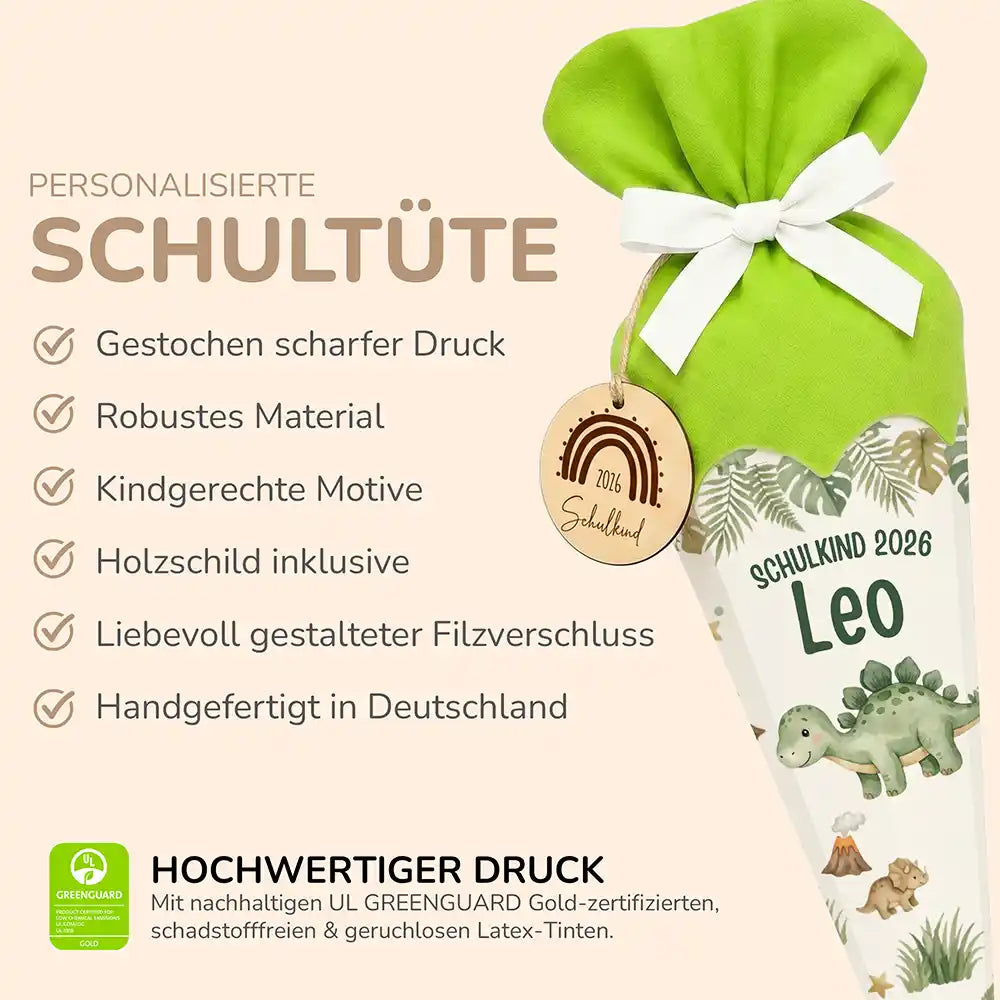 Schultüte personalisiert mit Name Dinosaurier – Produkt-Detail Maße 84×25×25 cm