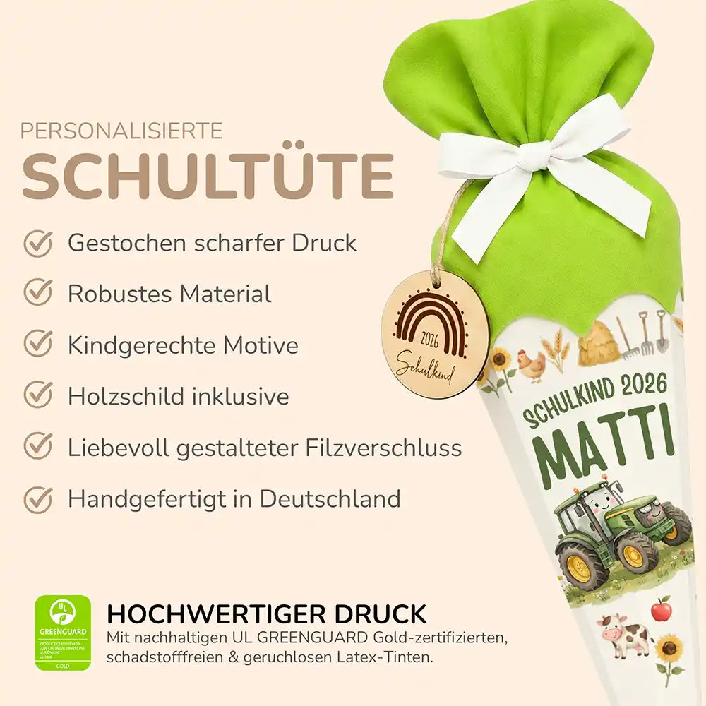 Schultüte personalisiert mit Name Traktor Bauernhof – Produkt-Detail Maße 84×25×25 cm