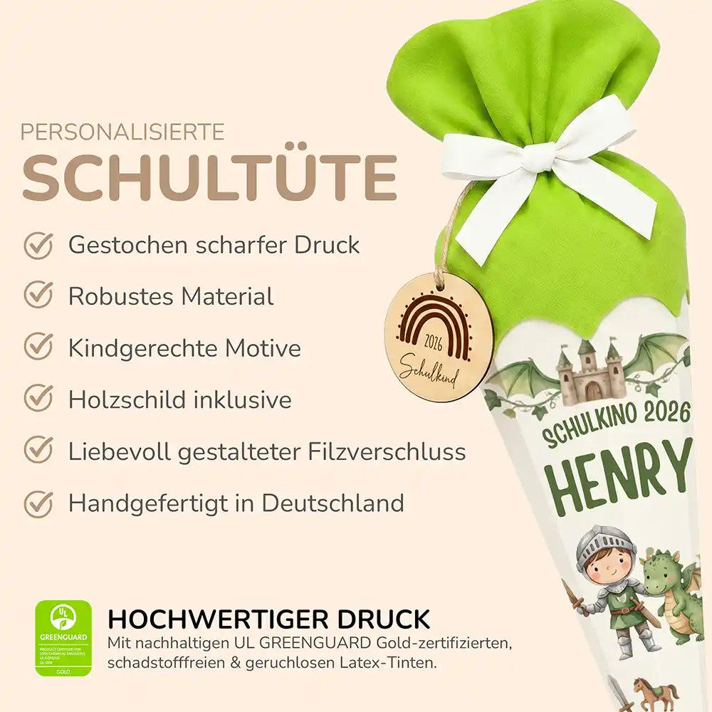 Schultüte personalisiert mit Name Ritter & Drache – Produkt-Detail Maße 84×25×25 cm