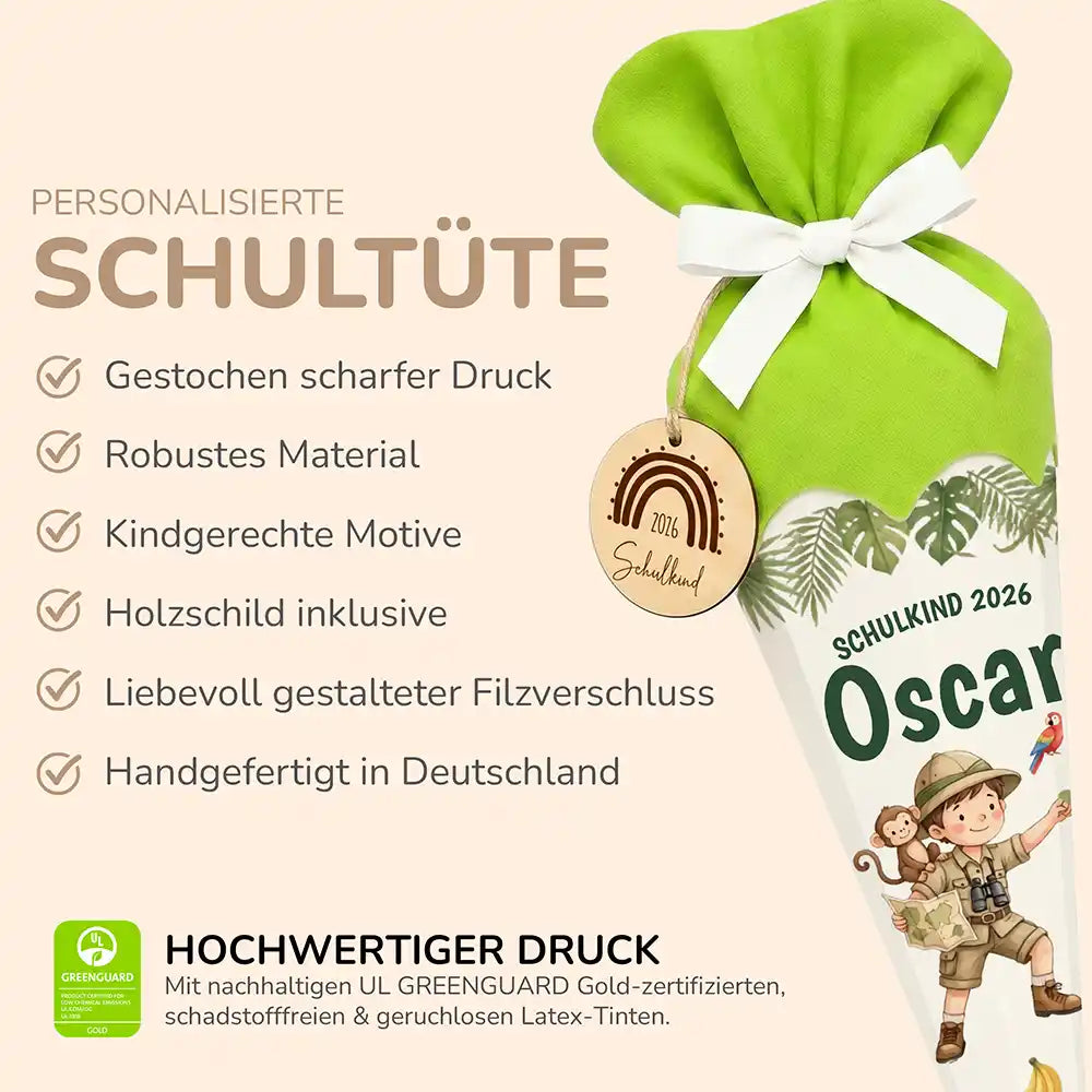 Schultüte personalisiert mit Name Dschungel-Forscher – Produkt-Detail Maße 84×25×25 cm