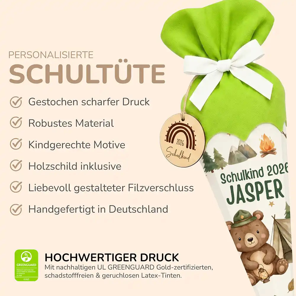 SchultĂŒte personalisiert mit Name Camping-BĂ€r â Produkt-Detail MaĂe 84Ă25Ă25 cm