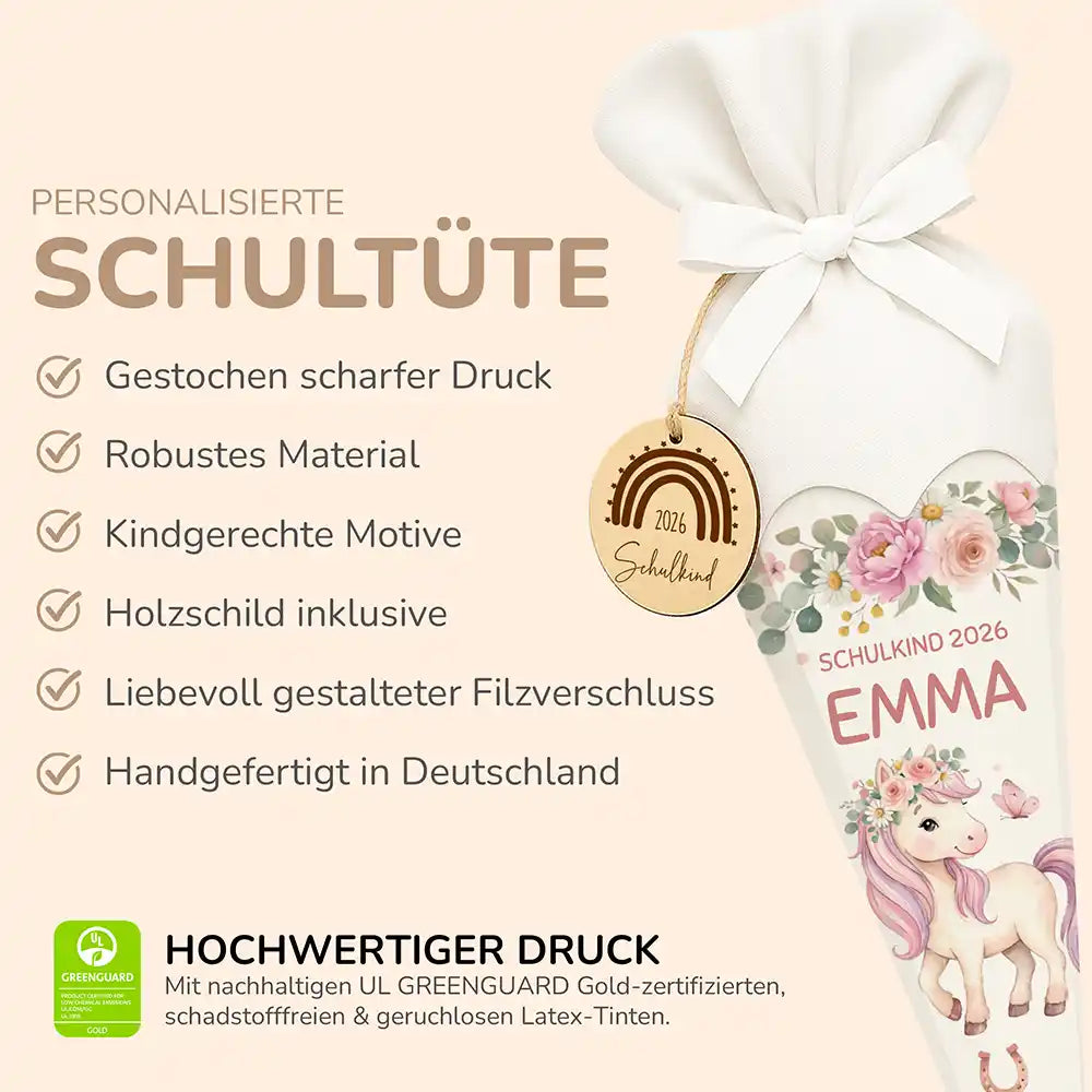 Schultüte personalisiert mit Name Pony mit Blumen – Produkt-Detail Maße 84×25×25 cm