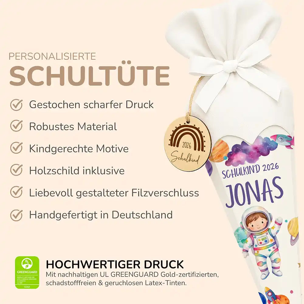 Schultüte personalisiert mit Name Astronaut Galaxie – Produkt-Detail Maße 84×25×25 cm