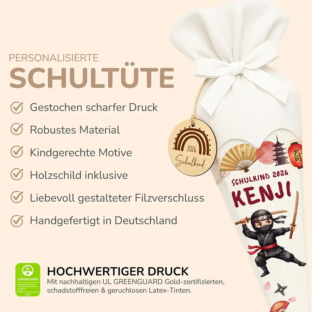 Schultüte personalisiert mit Name Ninja Japan – Produkt-Detail Maße 84×25×25 cm