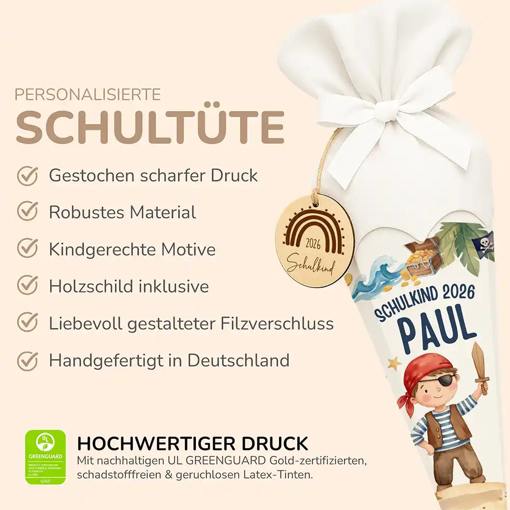Schultüte personalisiert mit Name Pirat mit Schatz – Produkt-Detail Maße 84×25×25 cm