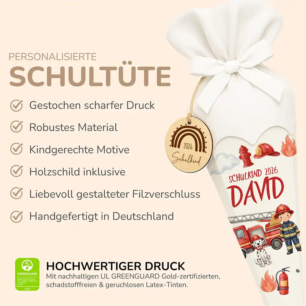 Schultüte personalisiert mit Name Feuerwehrmann – Produkt-Detail Maße 84×25×25 cm