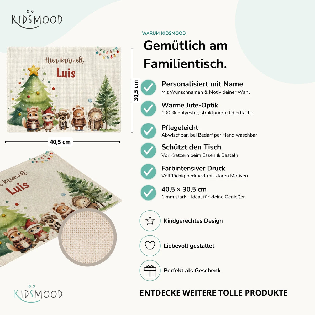 Tischset Kinder personalisiert Weihnachtsmotiv - Freundliche Waldbewohner
