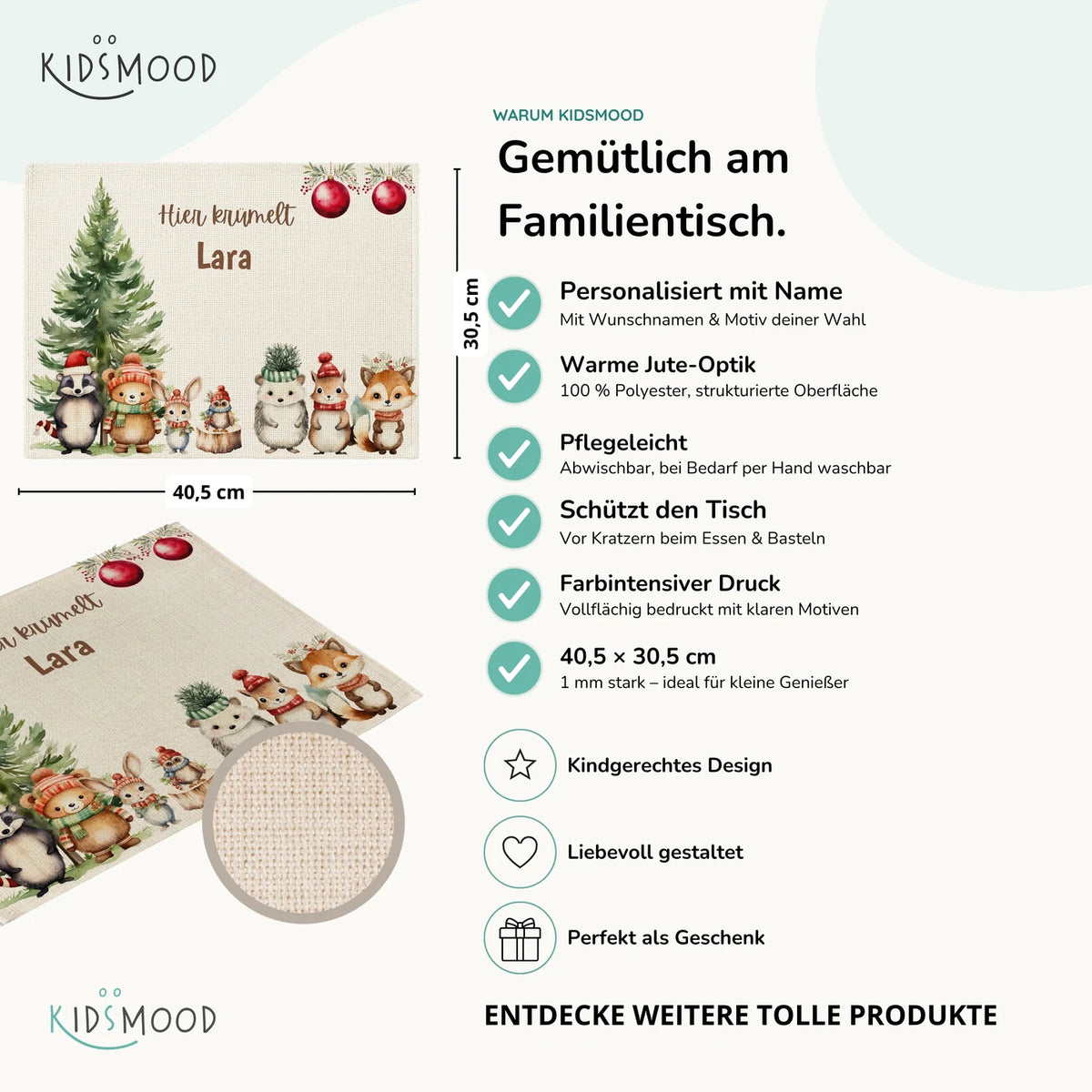 Tischset Kinder personalisiert Weihnachtsmotiv - Glückliche Tiergesellschaft