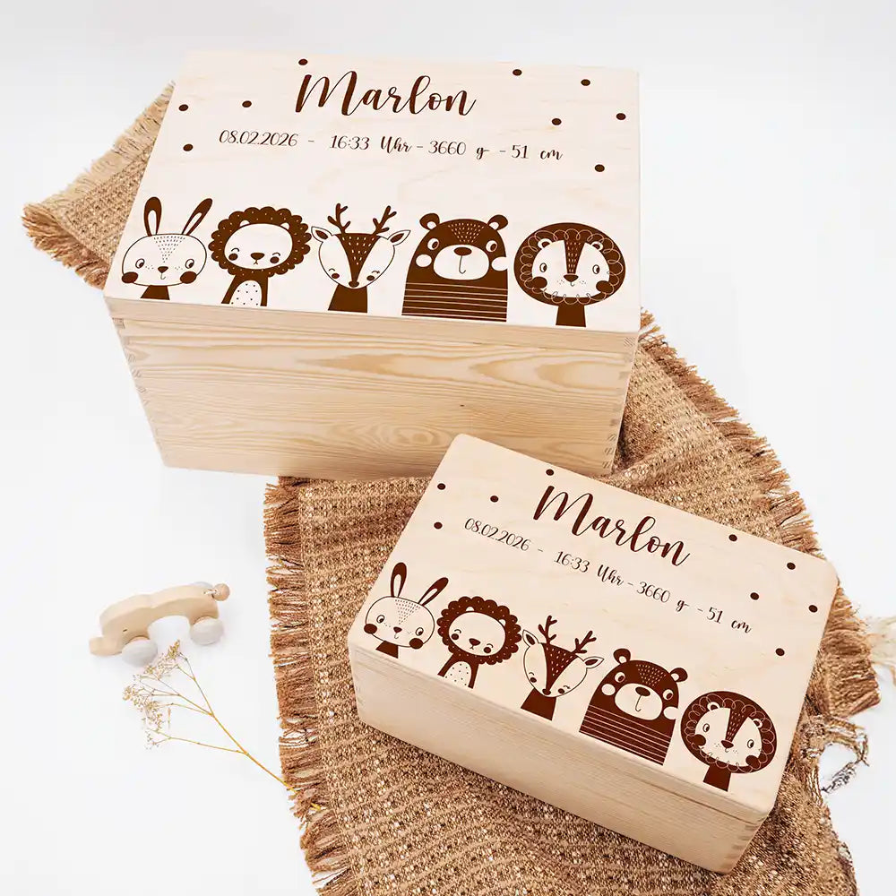 Erinnerungsbox Baby, Erinnerungskiste Baby - Tierfamilie graviert
