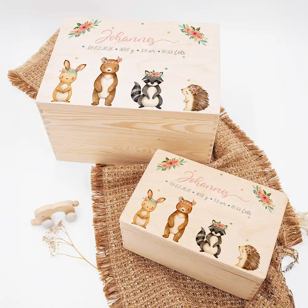 Personalisierte Erinnerungskiste Woodland Tierfamilie