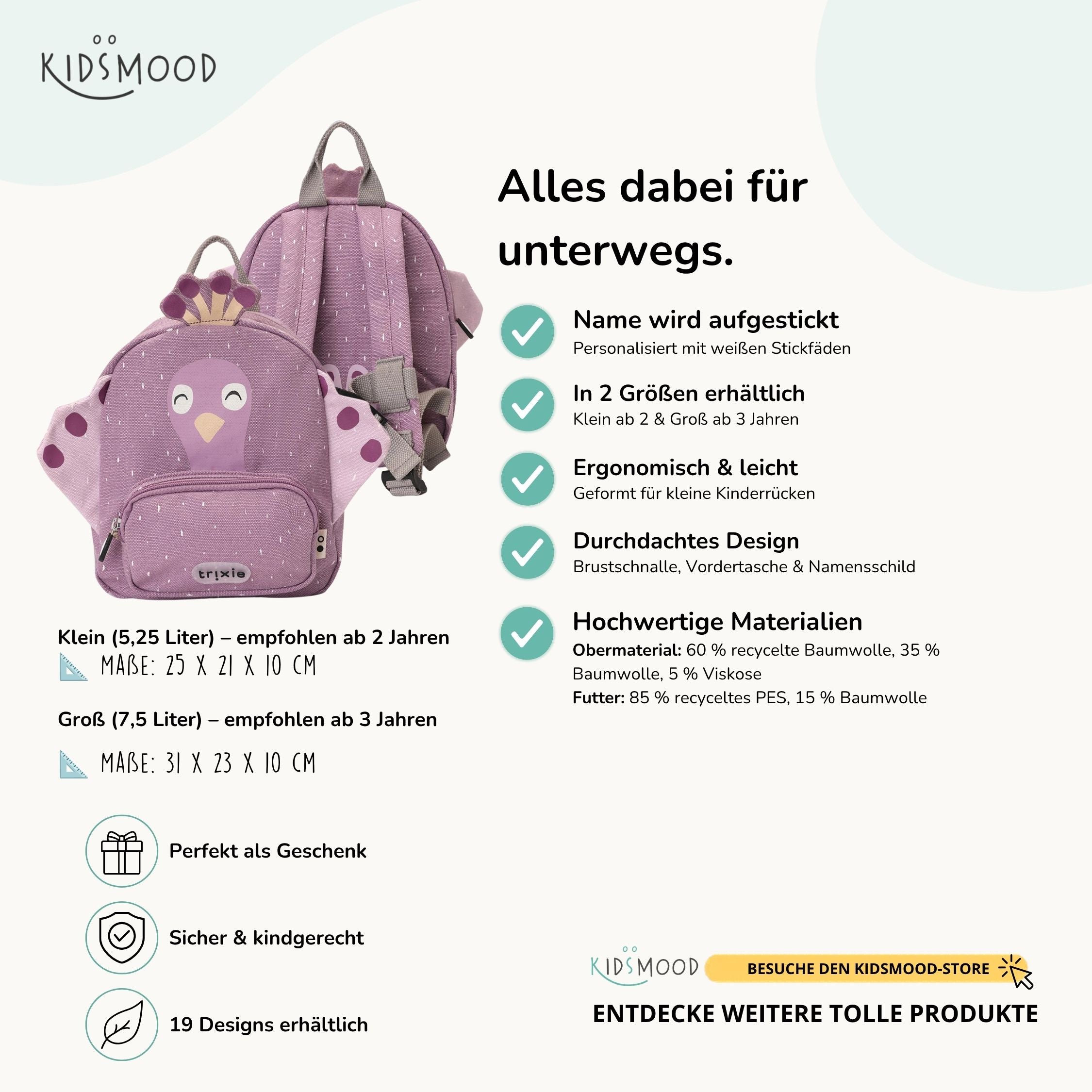 Trixie Kindergartenrucksack personalisiert Pfau