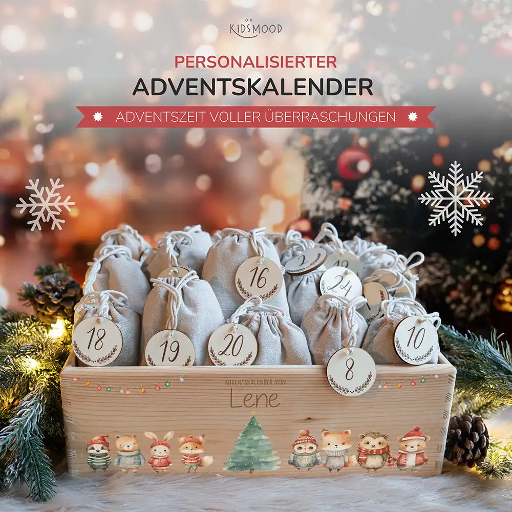 Adventskiste zum befüllen "Weihnachten mit Tieren und Lichterkette" personalisiert