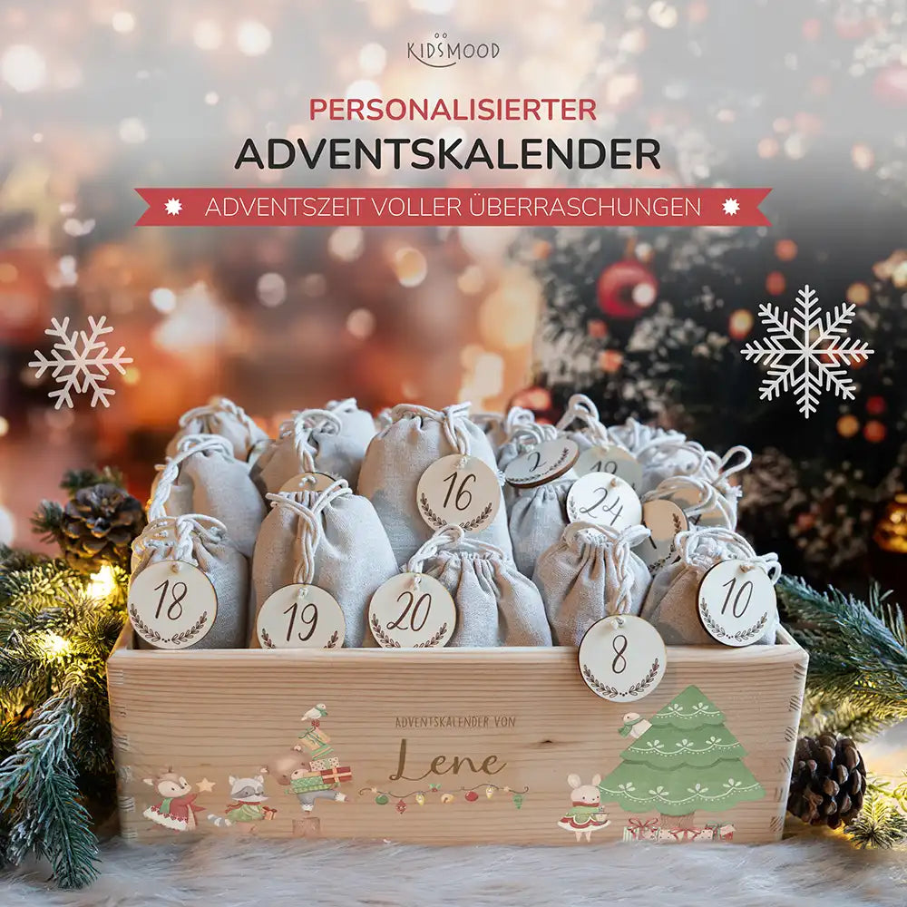 Adventskiste zum befüllen "Tiere und Weihnachtsbaum" personalisiert