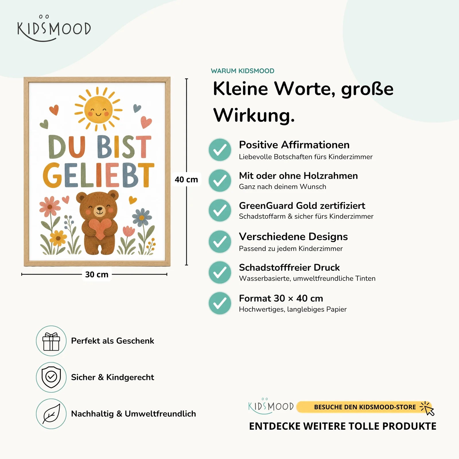 Affirmationsposter Kinderzimmer BĂ€r Du bist geliebt, Hauptbild im Holzrahmen, Format 30 x 40 cm