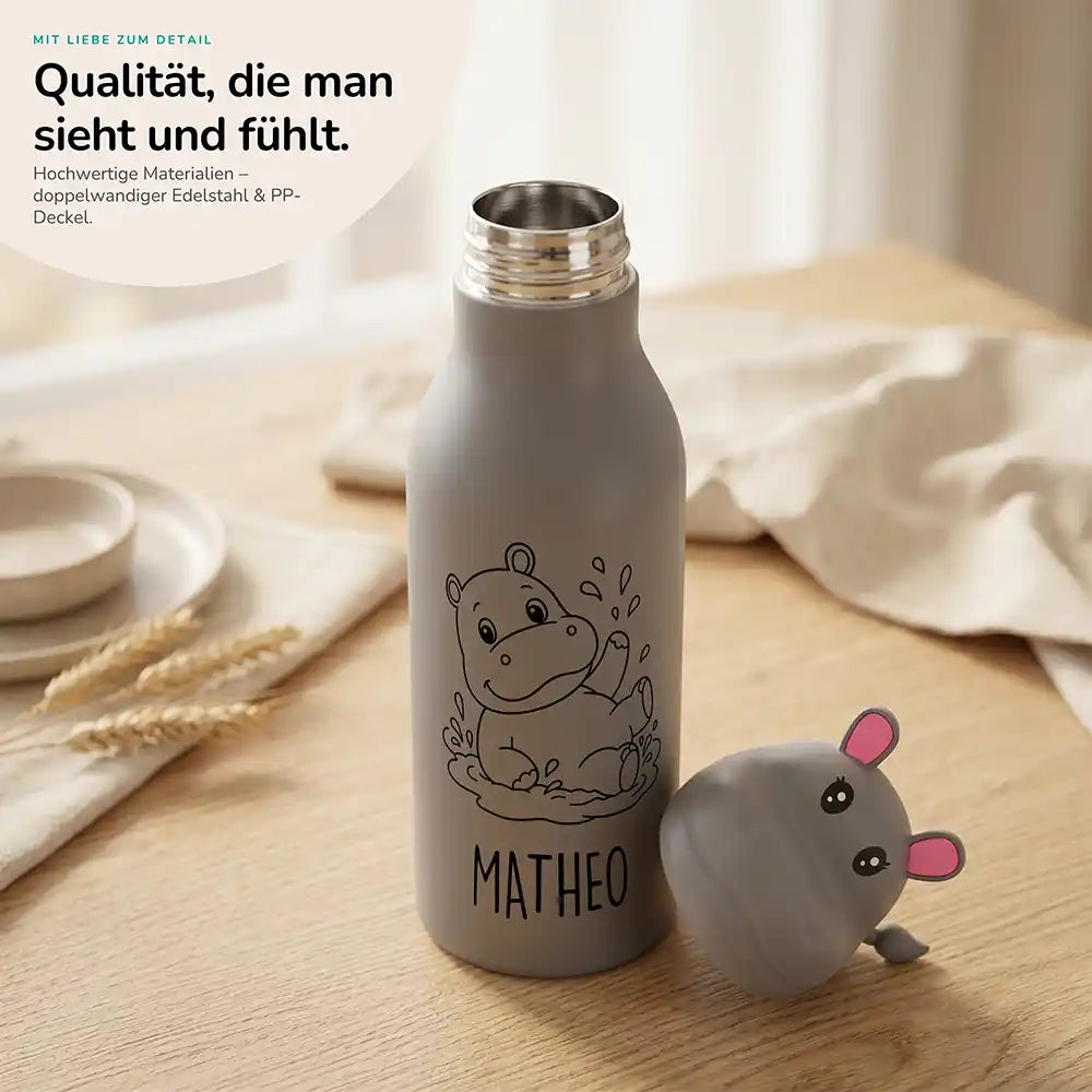 Personalisierte Trinkflasche Kinder Dino, doppelwandiger Edelstahl, Hauptbild mit Wunschname