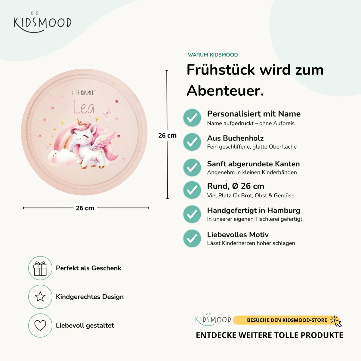 Rundes personalisiertes Frühstücksbrettchen Einhorn mit Namen für Kinder