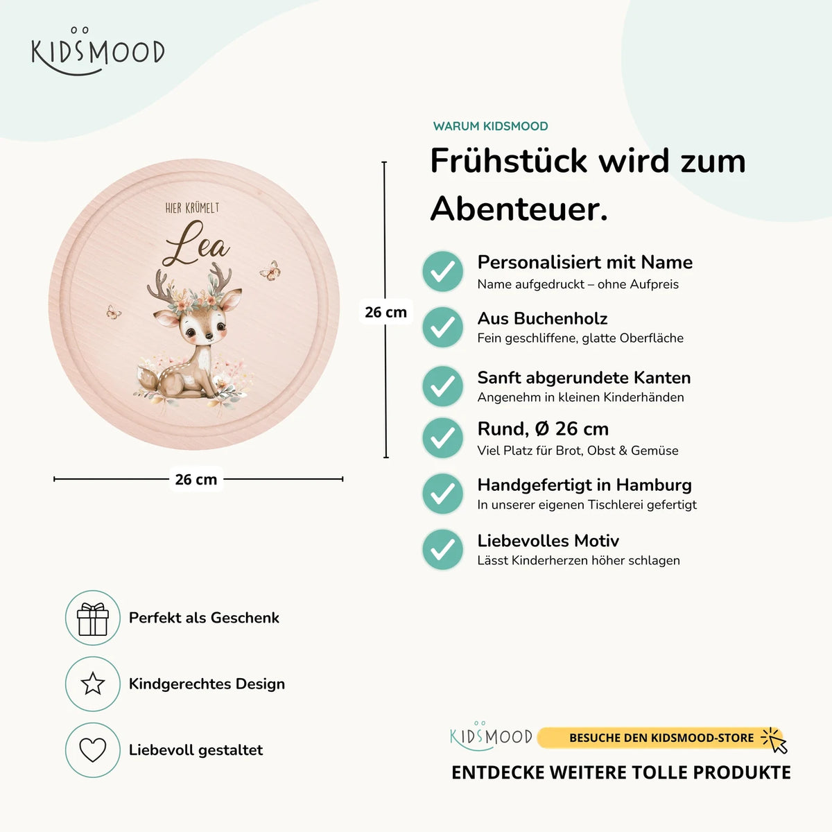 Rundes personalisiertes Frühstücksbrettchen Reh im Wald mit Namen für Kinder