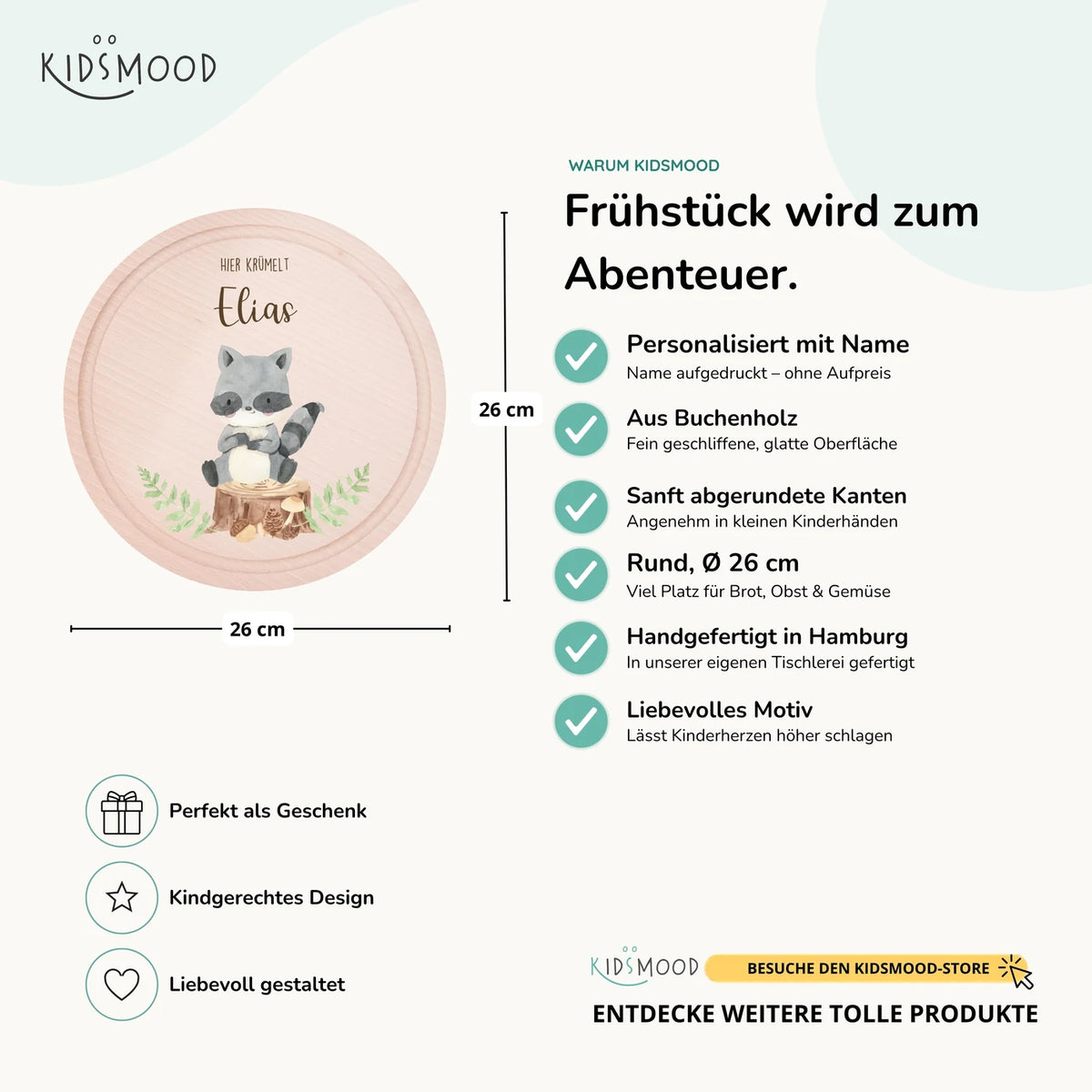 Rundes personalisiertes Frühstücksbrettchen Waschbär mit Namen für Kinder