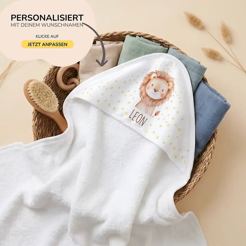 Personalisiertes Kapuzenhandtuch Baby Löwe Sterne – 80×80 cm Frottee mit Wunschname