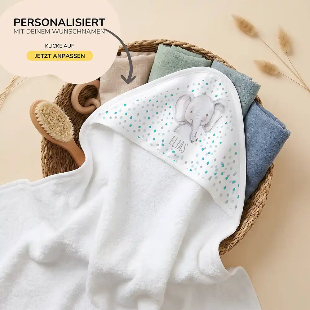 Personalisiertes Kapuzenhandtuch Baby Elefant Konfetti â 80Ă80 cm Frottee mit Wunschname