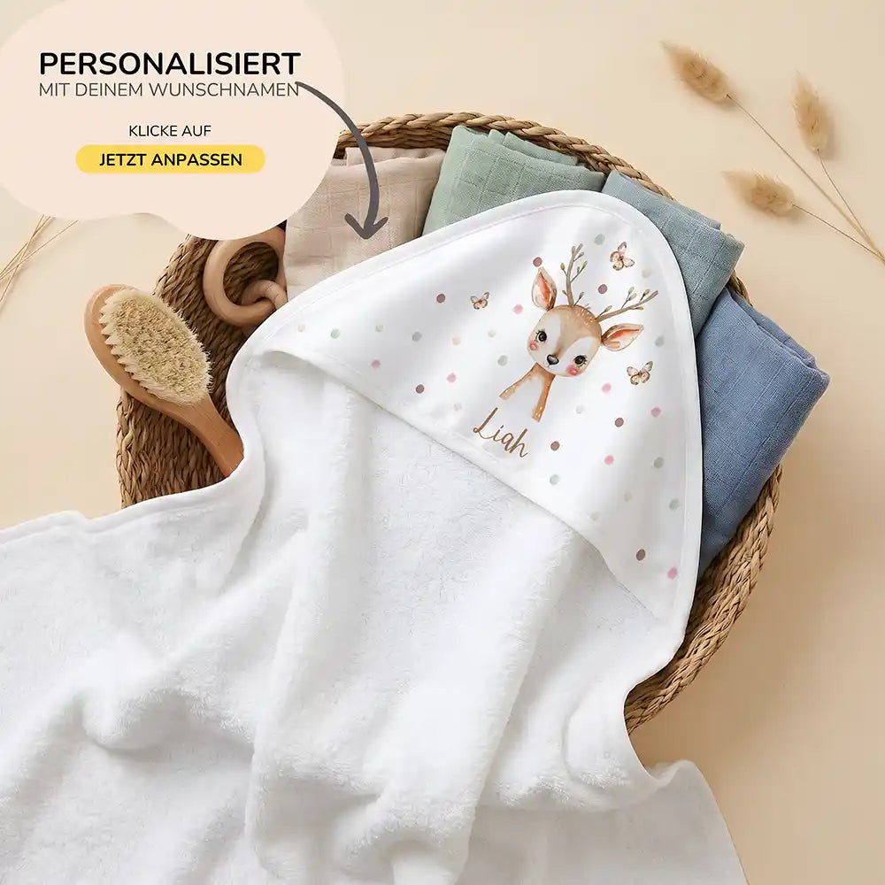 Personalisiertes Kapuzenhandtuch Baby Reh Schmetterlinge â 80Ă80 cm Frottee mit Wunschname