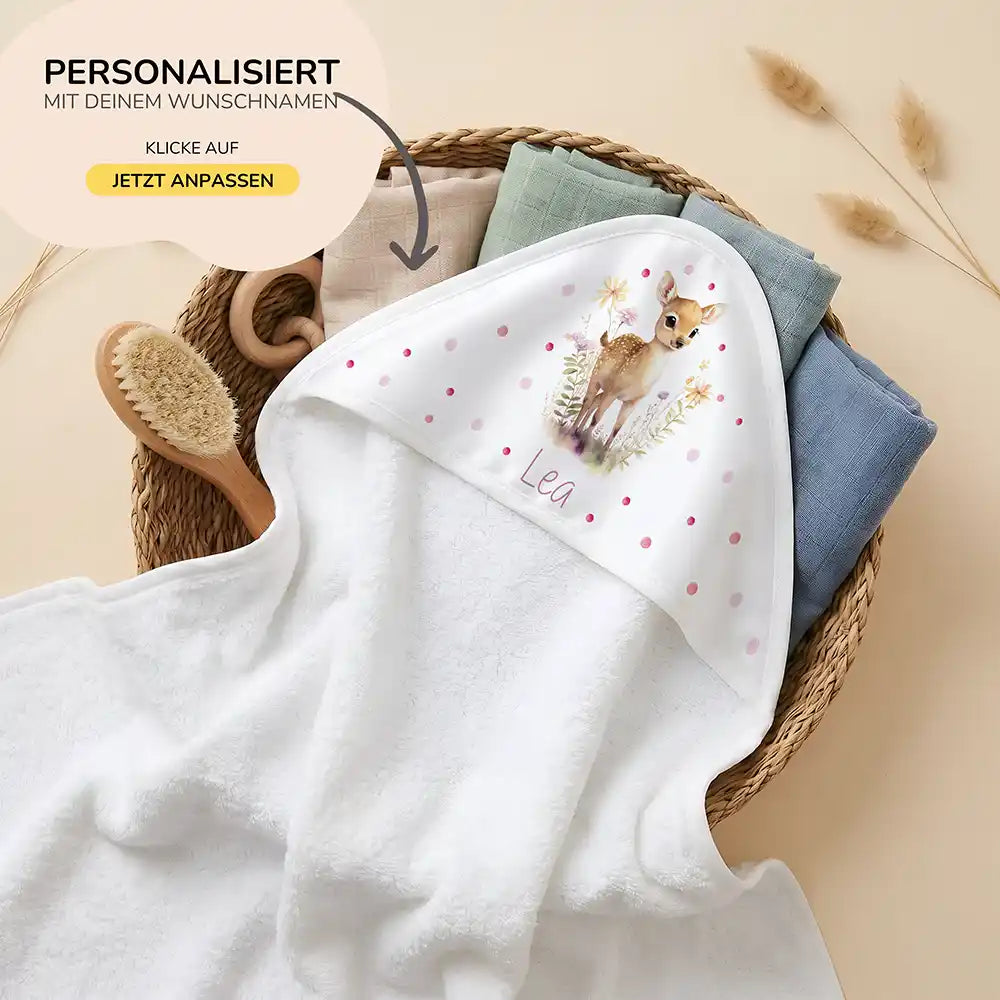 Personalisiertes Kapuzenhandtuch Baby Reh Wiese – 80×80 cm Frottee mit Wunschname