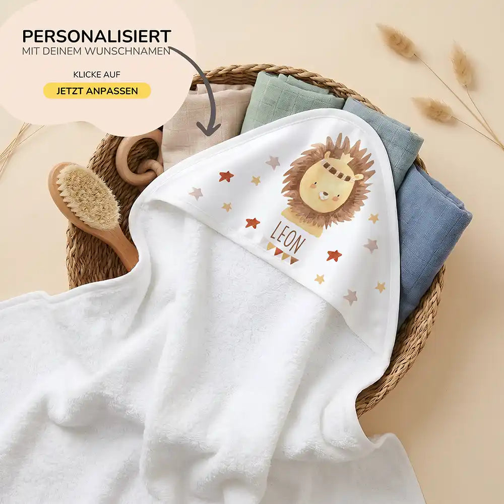 Personalisiertes Kapuzenhandtuch Baby Löwe Krone – 80×80 cm Frottee mit Wunschname