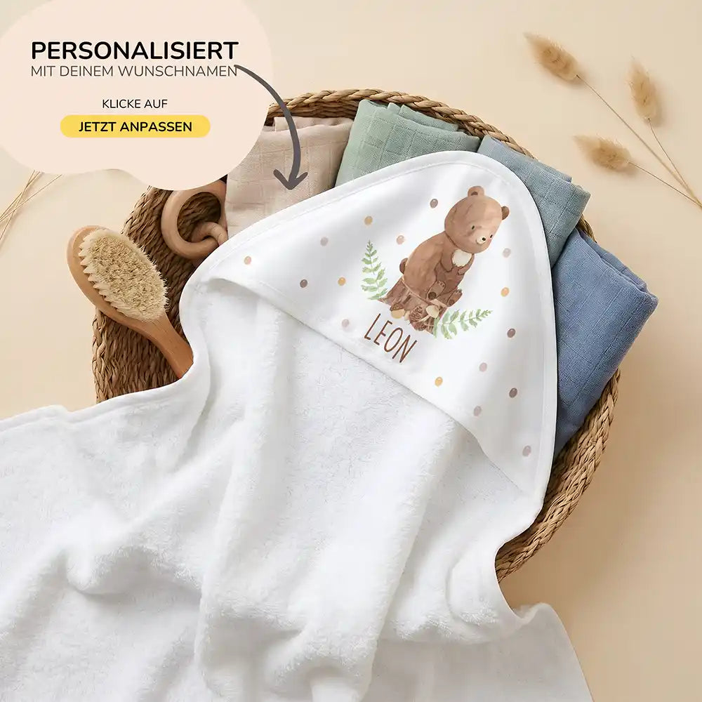 Personalisiertes Kapuzenhandtuch Baby Bär Farn – 80×80 cm Frottee mit Wunschname