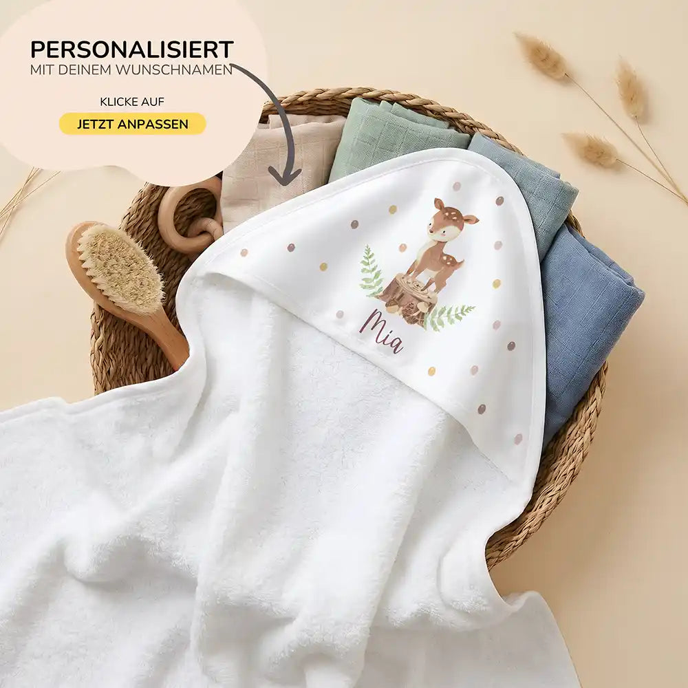 Personalisiertes Kapuzenhandtuch Baby Reh Baumstumpf – 80×80 cm Frottee mit Wunschname
