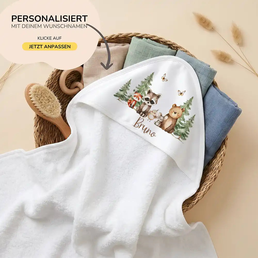Personalisiertes Kapuzenhandtuch Baby Waldfreunde Bande – 80×80 cm Frottee mit Wunschname