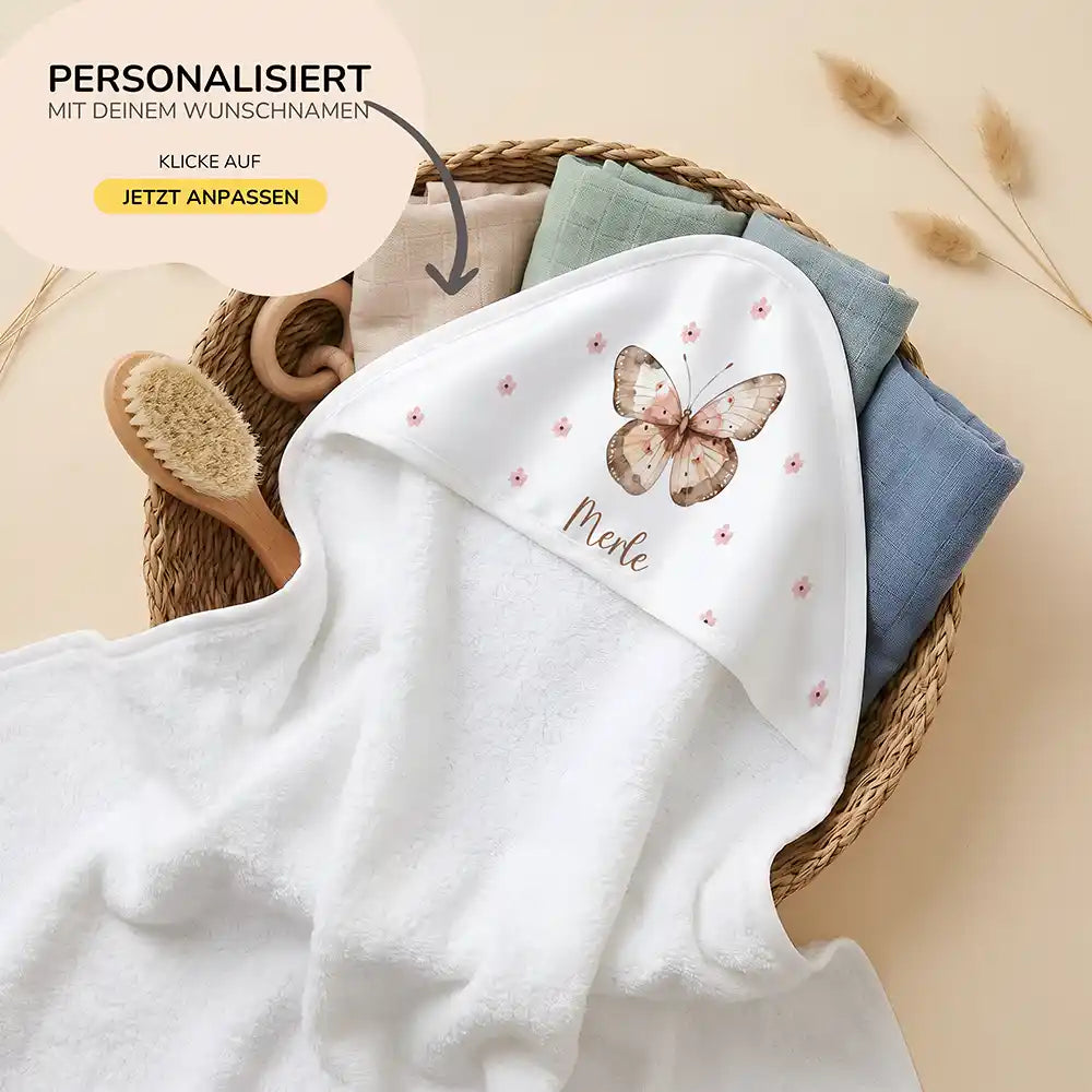 Personalisiertes Kapuzenhandtuch Baby Schmetterling Boho – 80×80 cm Frottee mit Wunschname
